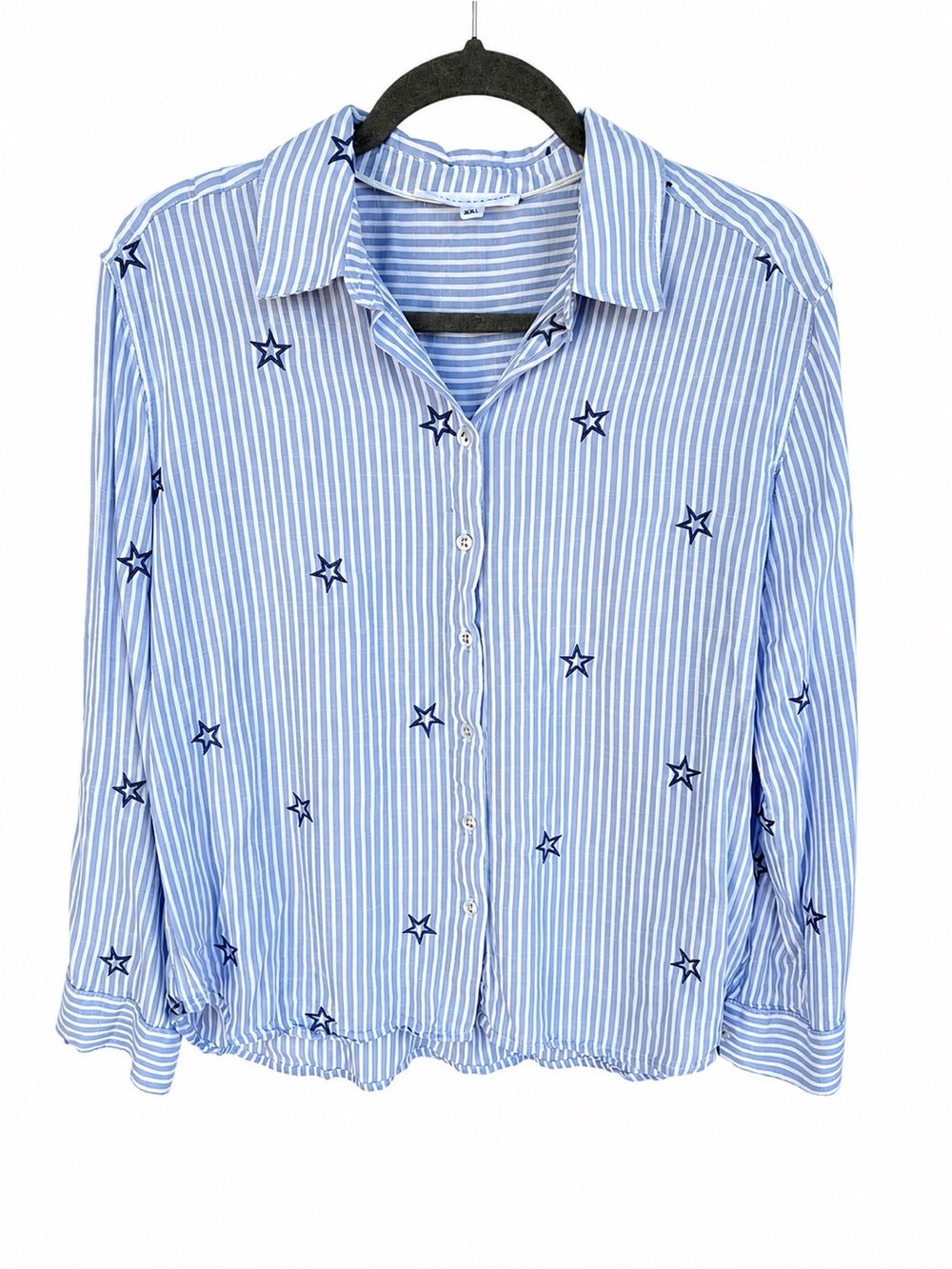 Jane + Delancey Blue White Stripe Embroidered Start Button Down Blouse